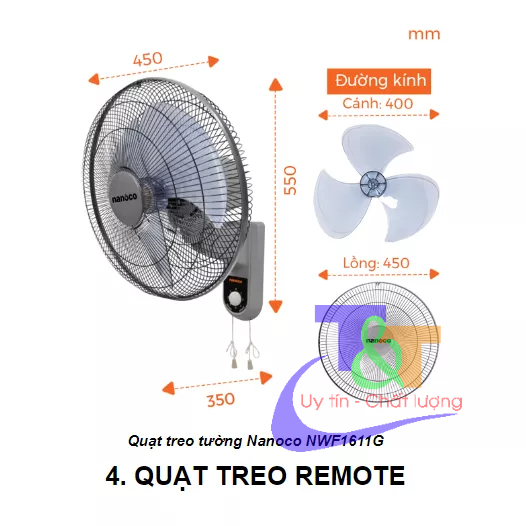Quạt treo tường có remote Nanoco NWF1612RC-BE