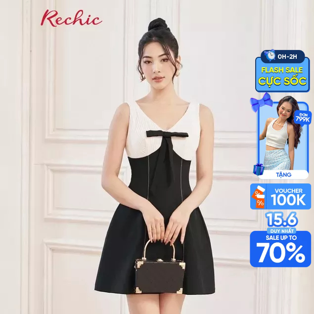 RECHIC Đầm Ngắn Lyvia kiểu cổ V xếp ly phía trước sang trong thanh lịch phù hợp đi tiệc tối