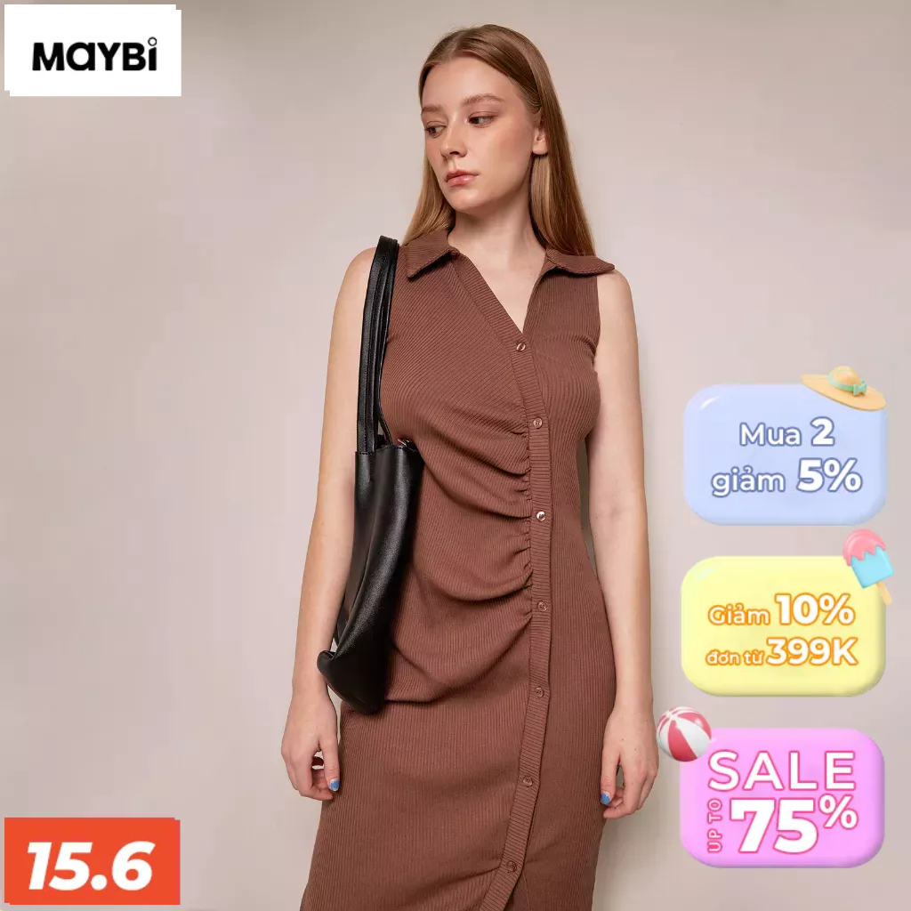 Đầm May ôm thun gân gài nút lệch không tay