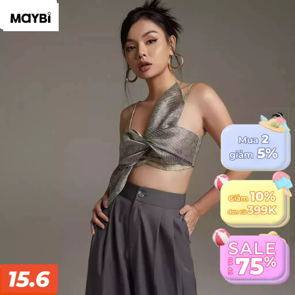 Áo croptop Maybi ôm oganza sọc thắt nơ