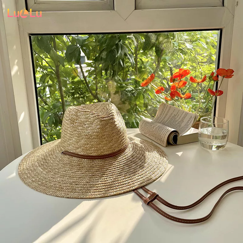 Nón Cói Rộng Vành Phối Dây Da Thời Trang Đi Biển Cho Nữ, Kem chống nắng phong cách Âu Mỹ cho du lịch ngoài trời UPF 50+