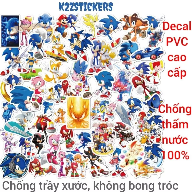 Bộ 50 hình dán sticker Sonic cute dễ thương cho bé, chống nước, dán mũ bảo hiểm, laptop tivi chất liệu decal PVC cao cấp