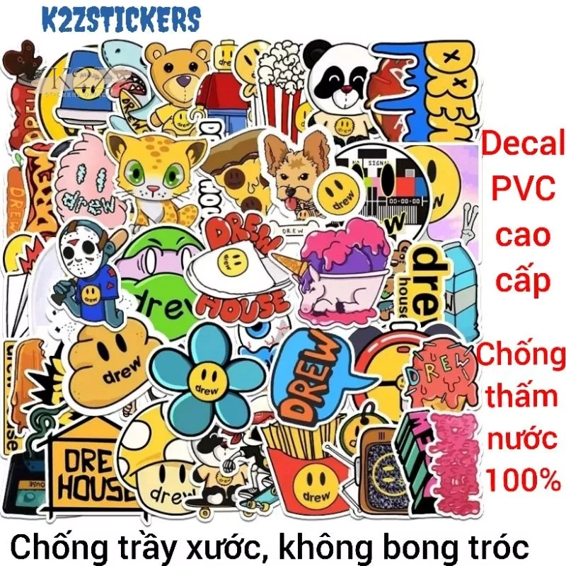 Bộ 50 hình dán sticker PVC họa tiết Drew độc đáo chống nước, dán điện thoại, vali, mũ bảo hiểm, chất liệu vinyl cao cấp