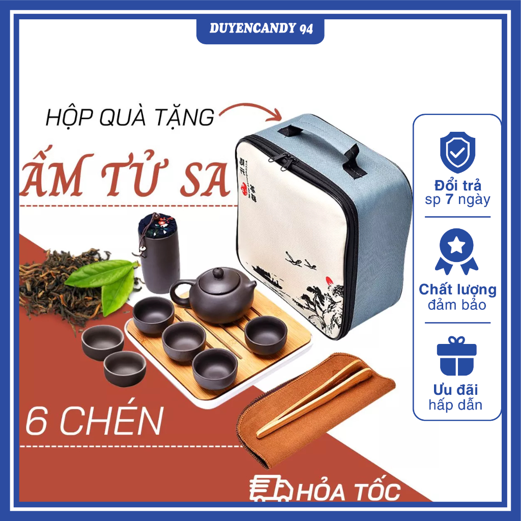 Bộ Ấm Chén Uống Trà Tử Sa 6 Chén, 12 Món - Bộ Ấm Chén Trà Đạo Sứ Thanh Kèm Túi Đựng Xách Tay Dùng Làm Quà Tặng