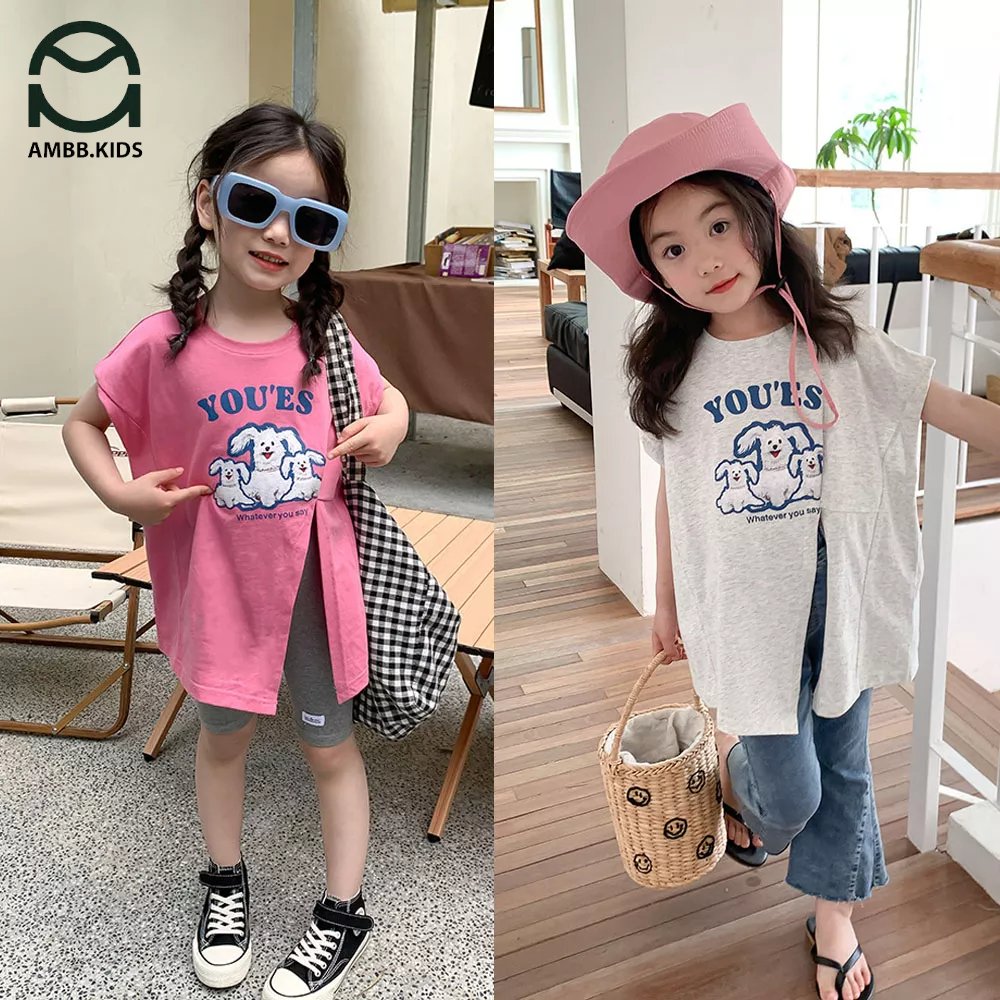 Áo phông cộc tay cho bé gái AMBB KIDS thiết kế xẻ tà sành điệu, chất cotton mềm mát thân thiện với da bé