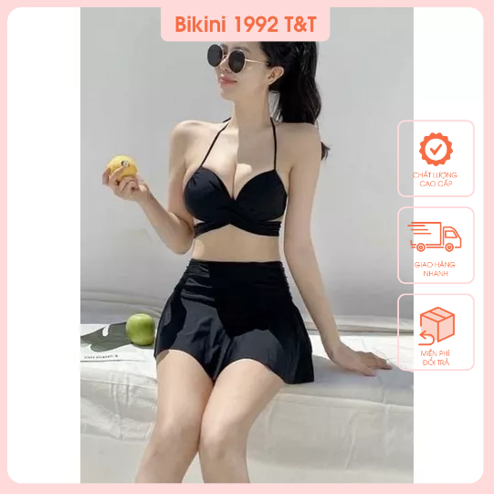 Bikini hai mảnh áo gọng chéo kèm quần váy 41