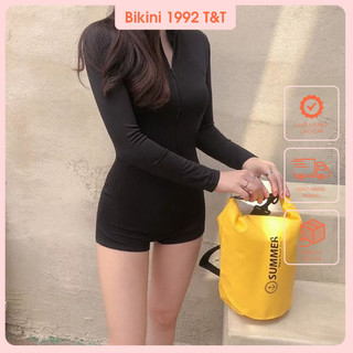 Bikini, đồ bơi liền thân đi biển tay dài đen khóa kéo dáng đùi