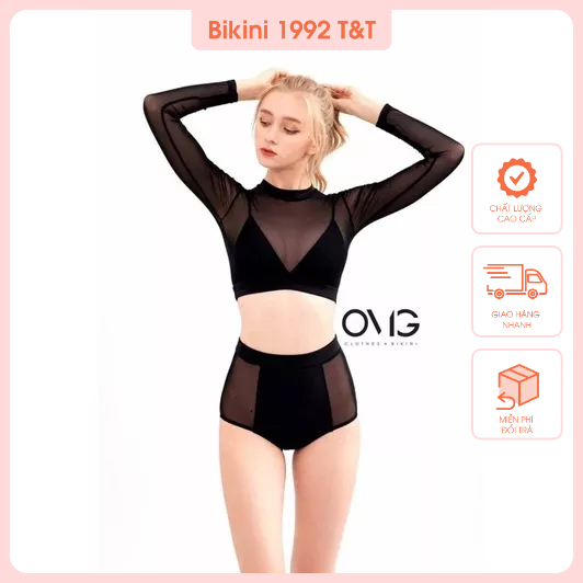 Bikini tay dài lưới kèm  tam giac quan xịt lưng cao pha lưới