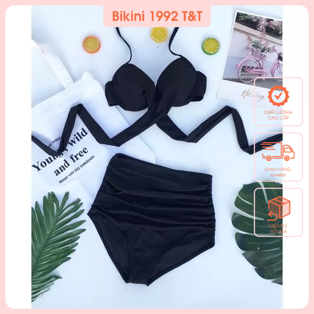 Bikini áo gọng chéo kèm quần lưng cao nhún hai mảnh