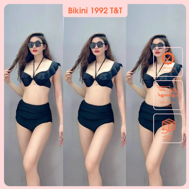 Bikini hai mảnh áo gọng mút nâng cánh tiên kèm quần nhún lưng cao