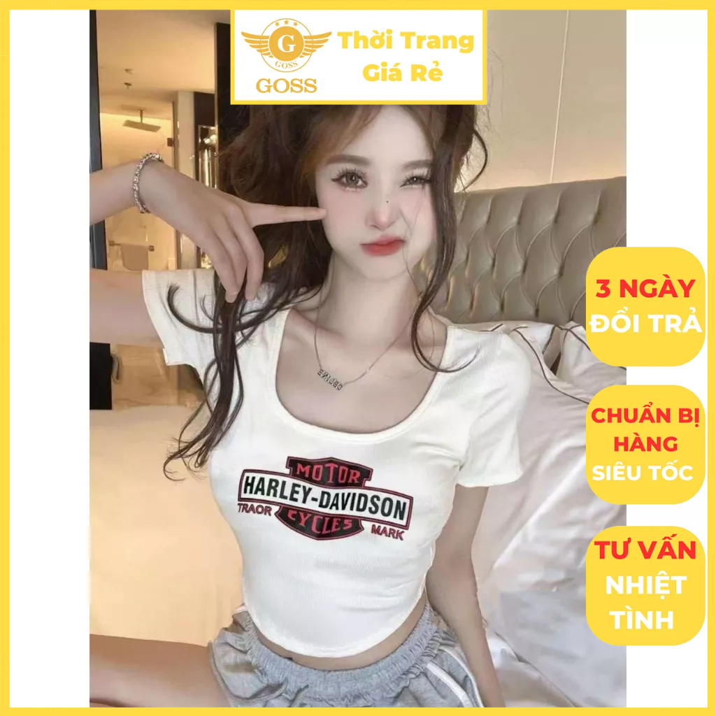 Áo Croptop Nữ Cổ Vuông Logo Ngực Trẻ Trung Đi Chơi GOSS GA68 Áo Thun Nữ Ngắn Tay Cá Tính Dạo Phố Mùa Hè Hottrend