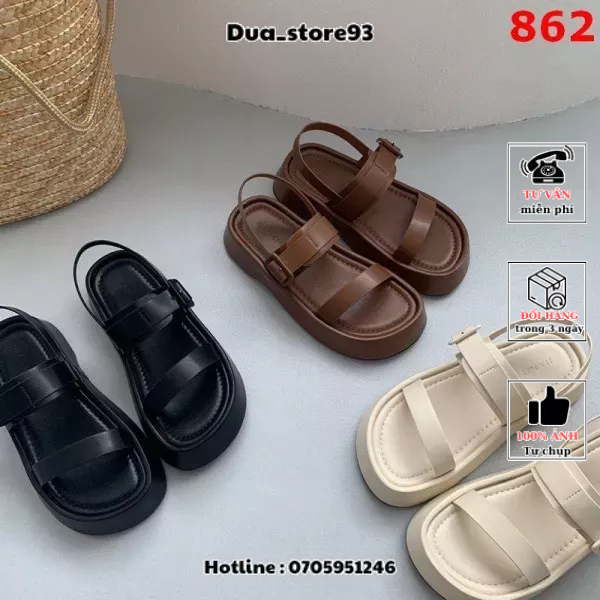 Sandal nữ đế bánh mỳ quai ngang khuy cài chất da mềm qccc fullbox