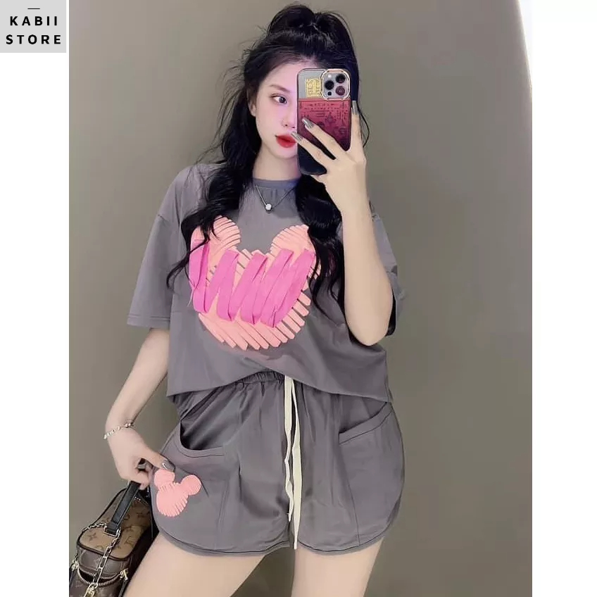 Set áo tim gấu mix quần đùi dây rút 2 màu nâu- đen KABII, chất cotton khô vải mát đủ size S M L