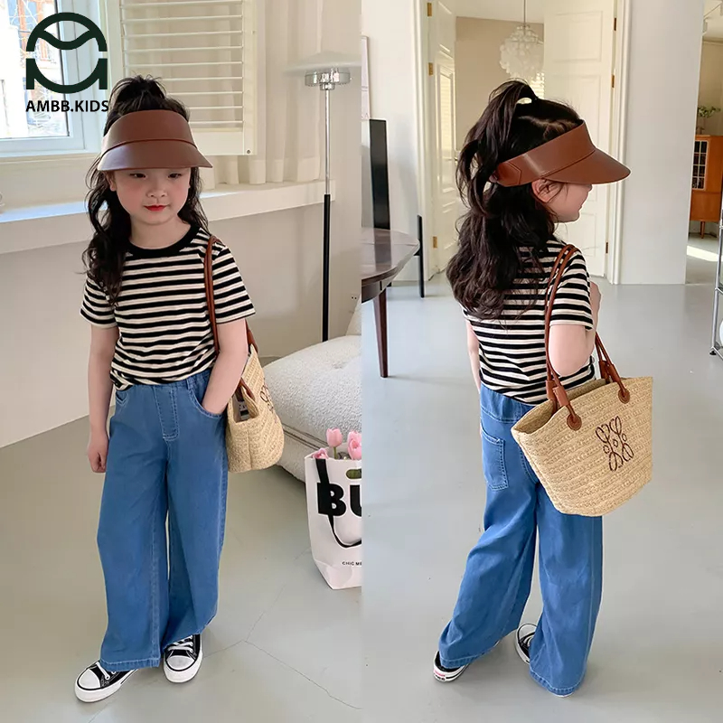 Áo phông cộc tay cho bé gái AMBBKIDS áo thun ngắn tay cổ tròn kẻ sọc chất thun cotton mềm mát, thân thiện với da bé