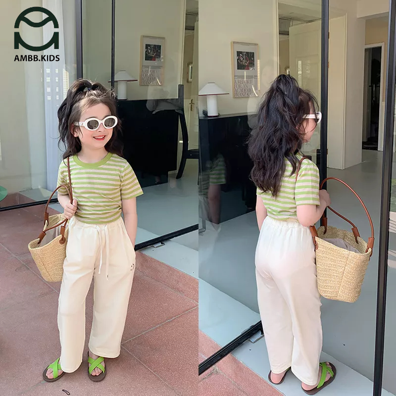 Áo phông cộc tay cho bé gái AMBBKIDS áo thun ngắn tay cổ tròn kẻ sọc chất thun cotton mềm mát, thân thiện với da bé