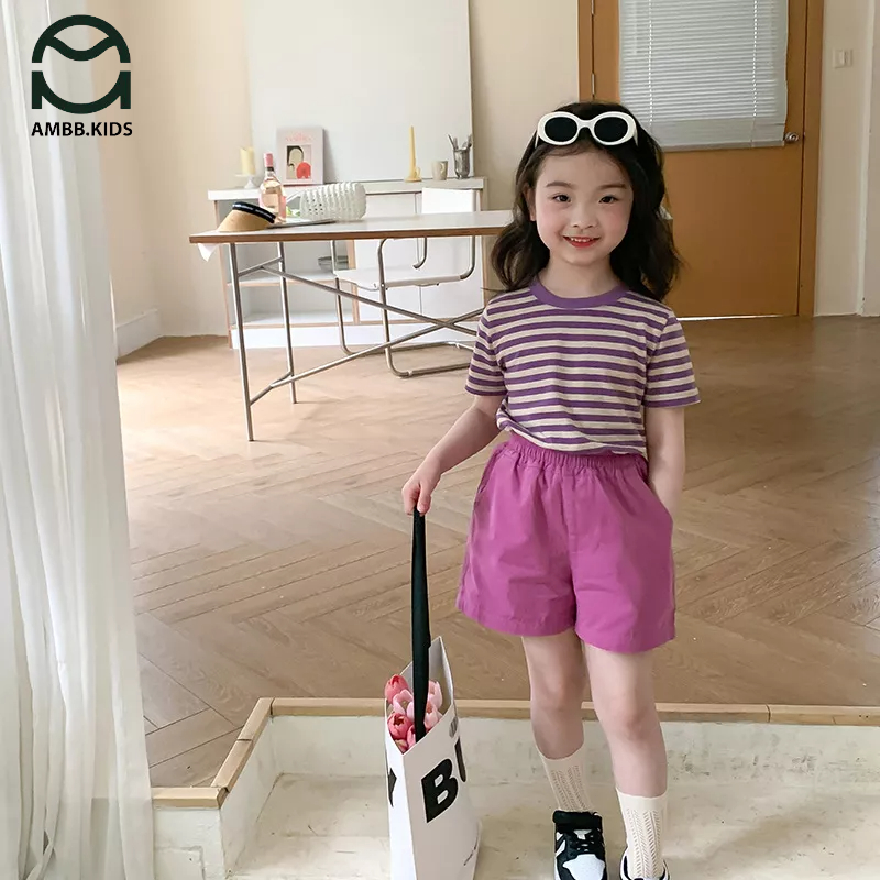 Áo phông cộc tay cho bé gái AMBBKIDS áo thun ngắn tay cổ tròn kẻ sọc chất thun cotton mềm mát, thân thiện với da bé