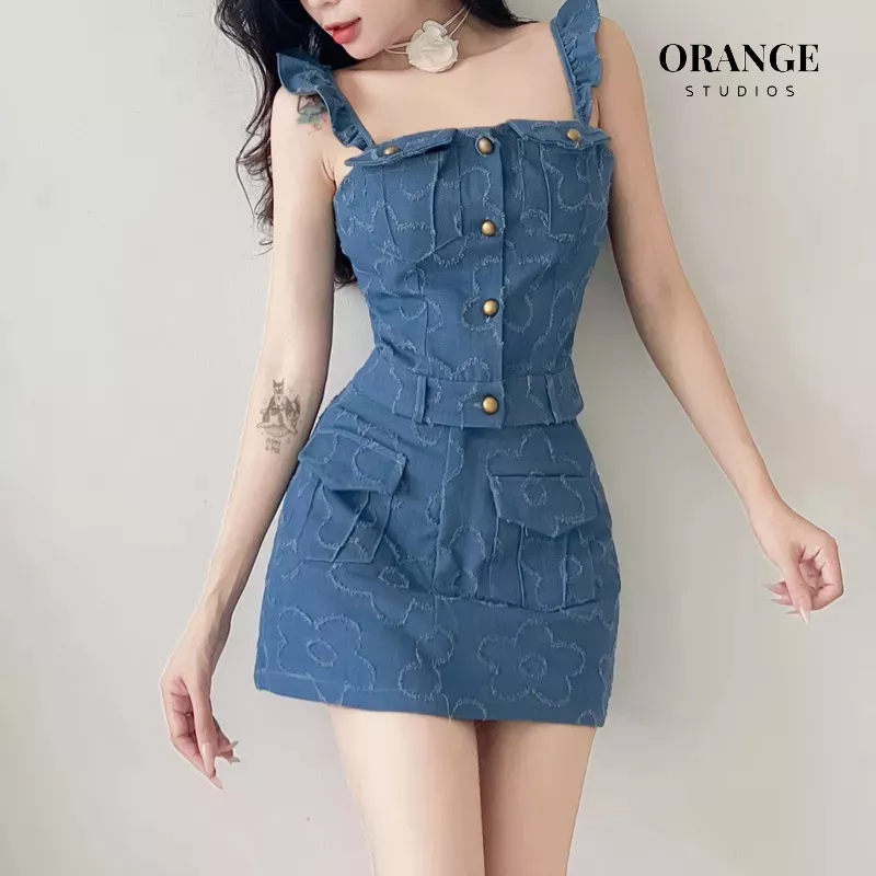 ( ORANGE STUDIOS ) HÌNH THẬT - Sẵn Hỏa Tốc - Flower-jeans Set Áo Jean Đính Nút Phối Chân Váy Túi Hộp ( Có Quần Trong )
