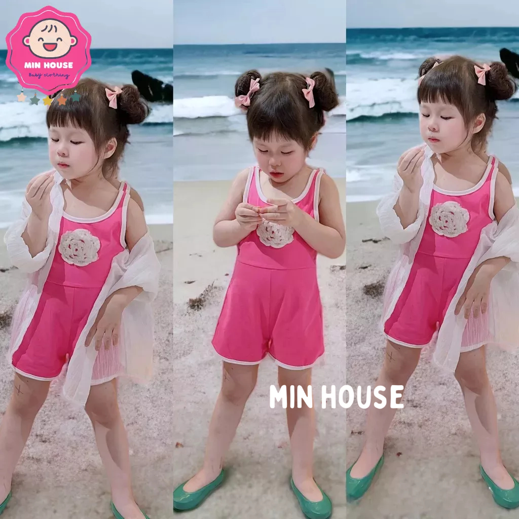 Set jum/ Bikini đính hoa trà kèm áo khoác voan tơ cho bé gái