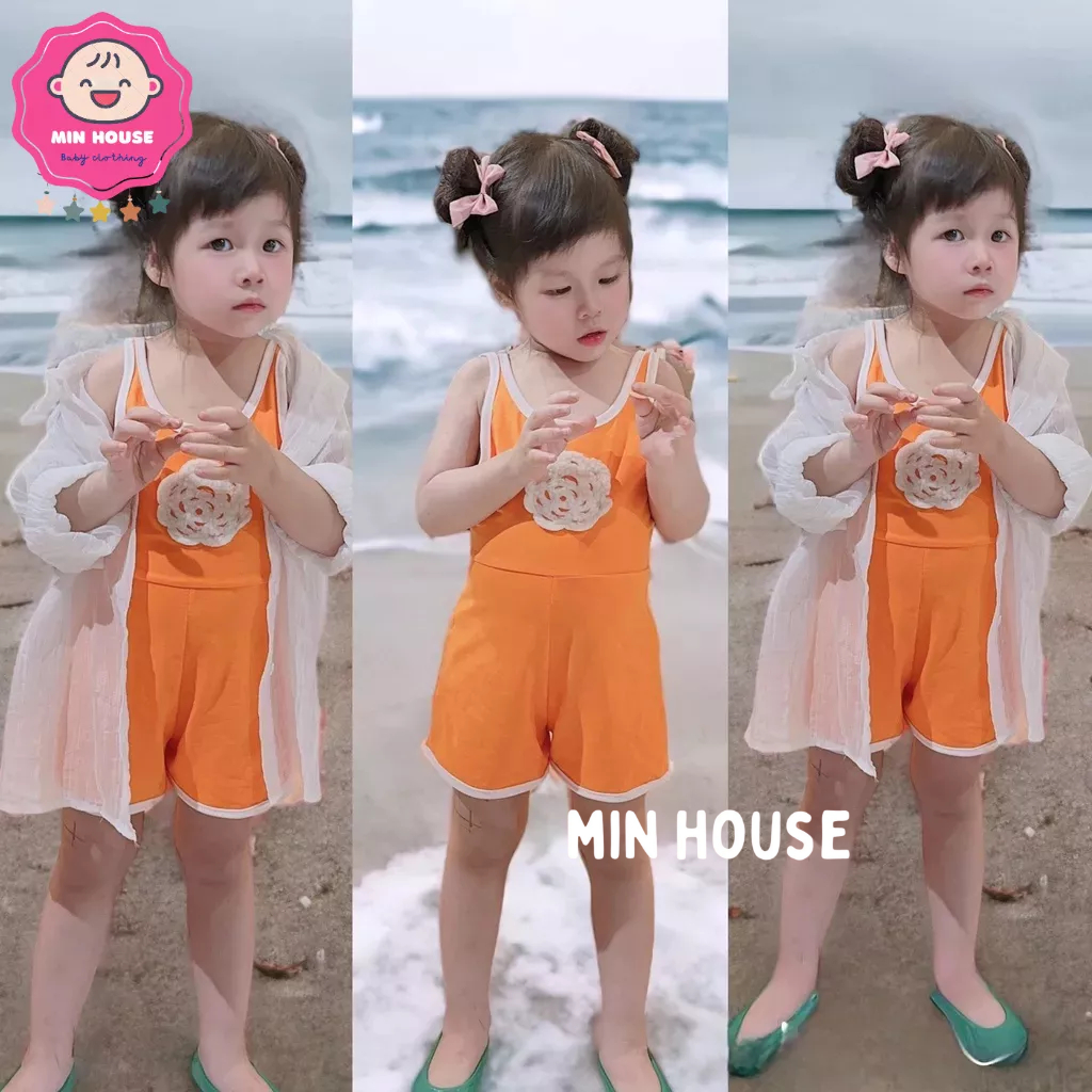 Set jum/ Bikini đính hoa trà kèm áo khoác voan tơ cho bé gái