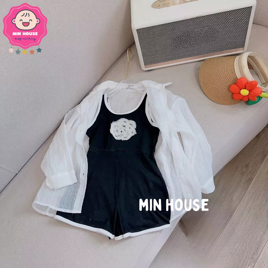 Set jum/ Bikini đính hoa trà kèm áo khoác voan tơ cho bé gái