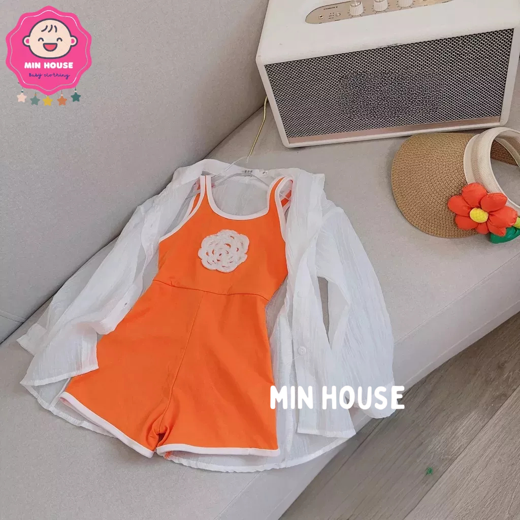 Set jum/ Bikini đính hoa trà kèm áo khoác voan tơ cho bé gái