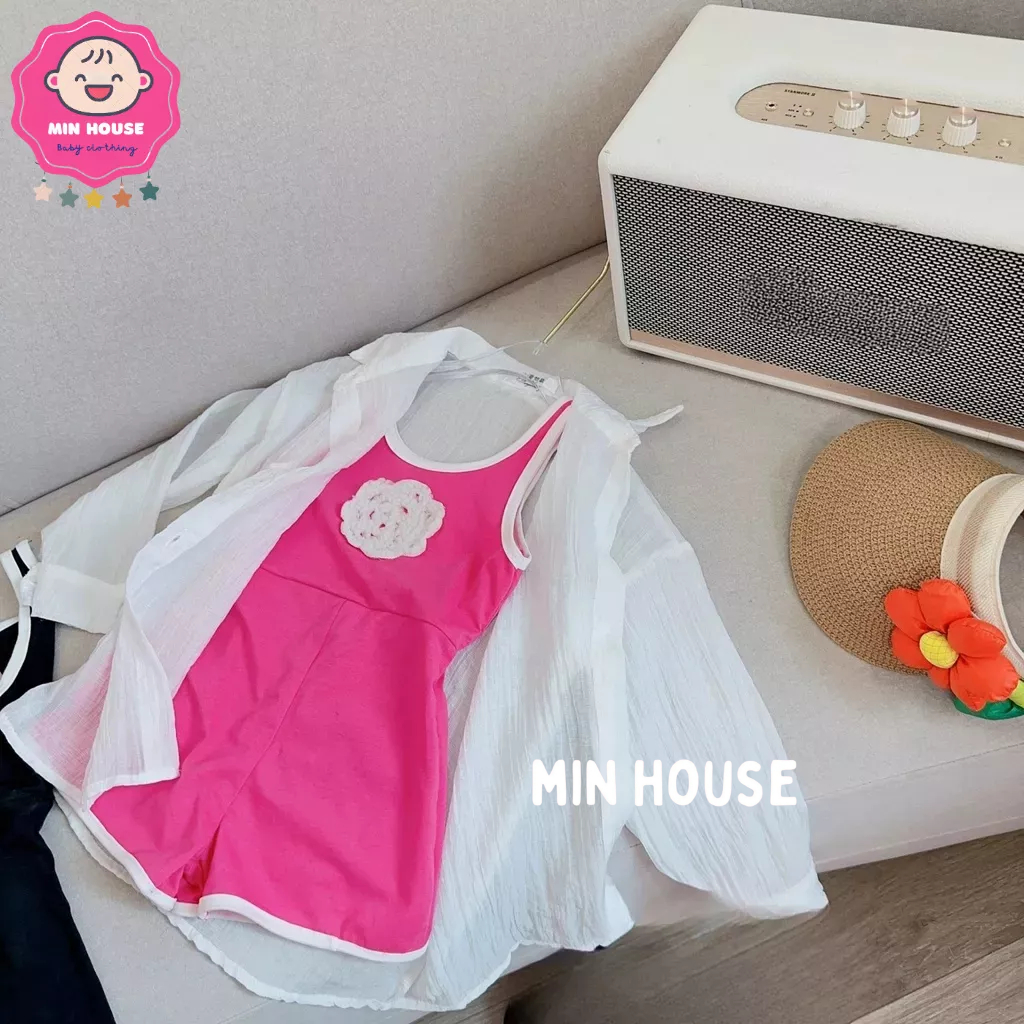 Set jum/ Bikini đính hoa trà kèm áo khoác voan tơ cho bé gái