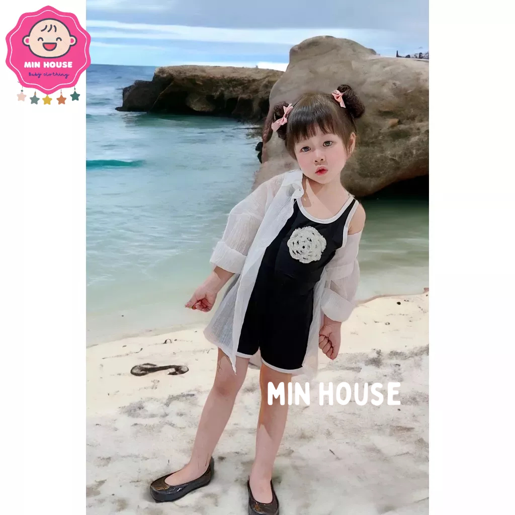 Set jum/ Bikini đính hoa trà kèm áo khoác voan tơ cho bé gái