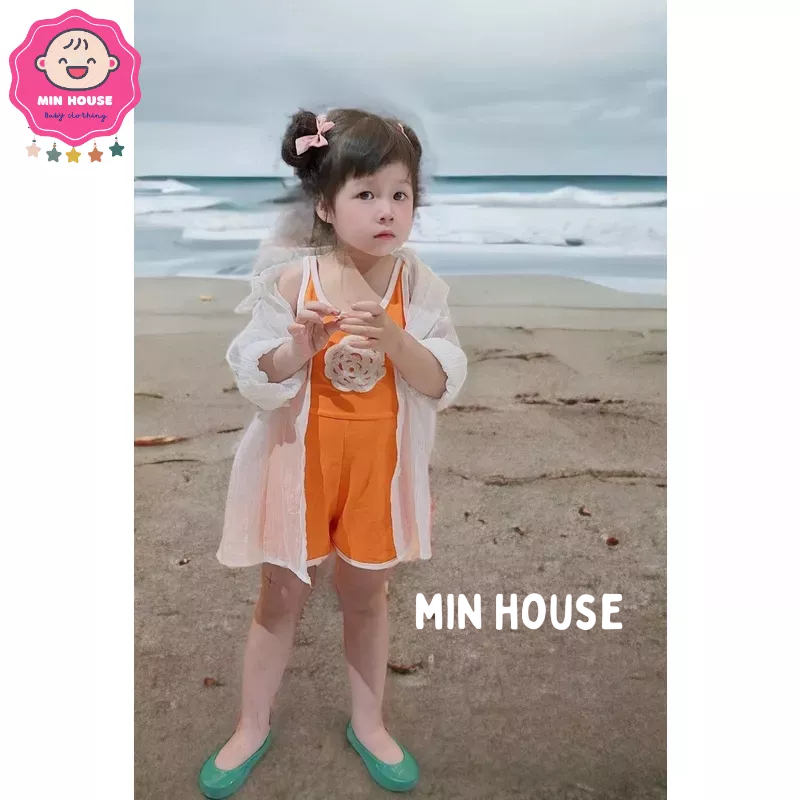 Set jum/ Bikini đính hoa trà kèm áo khoác voan tơ cho bé gái