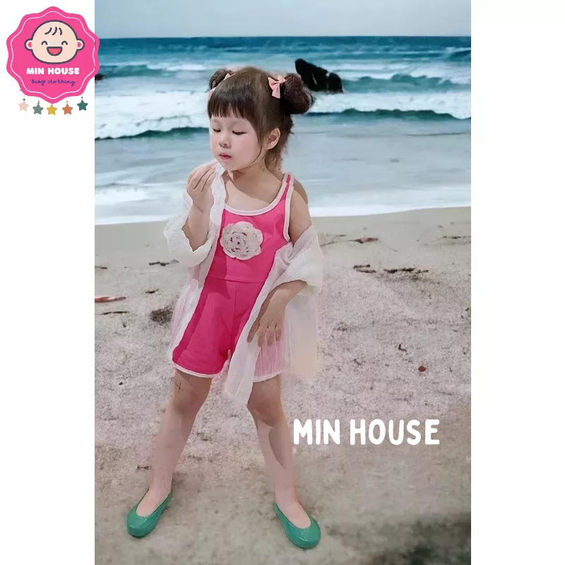 Set jum/ Bikini đính hoa trà kèm áo khoác voan tơ cho bé gái