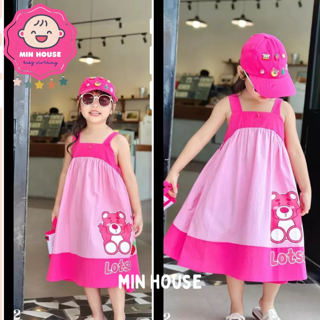 Váy thô 2 dây bản to in hình gấu dâu đáng yêu cho bé gái diện hè, đi biển, đi chơi