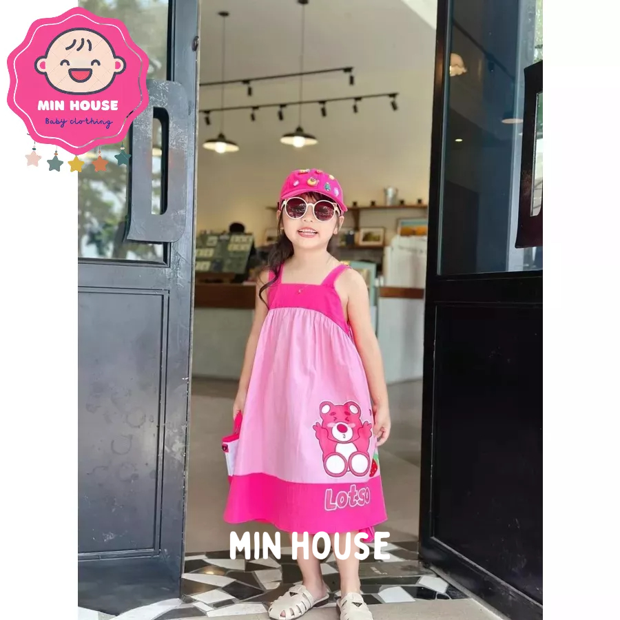 Váy thô 2 dây bản to in hình gấu dâu đáng yêu cho bé gái diện hè, đi biển, đi chơi