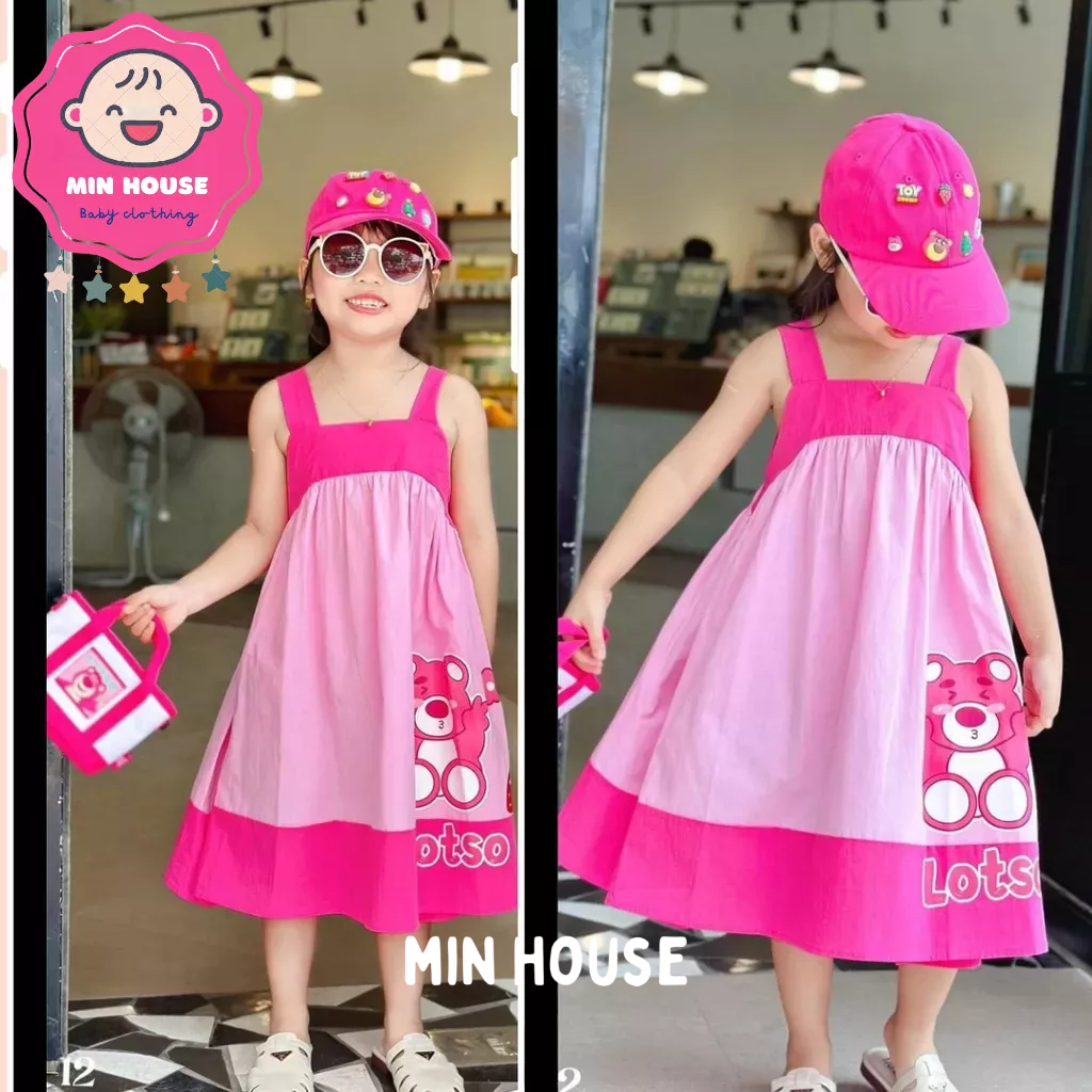 Váy thô 2 dây bản to in hình gấu dâu đáng yêu cho bé gái diện hè, đi biển, đi chơi