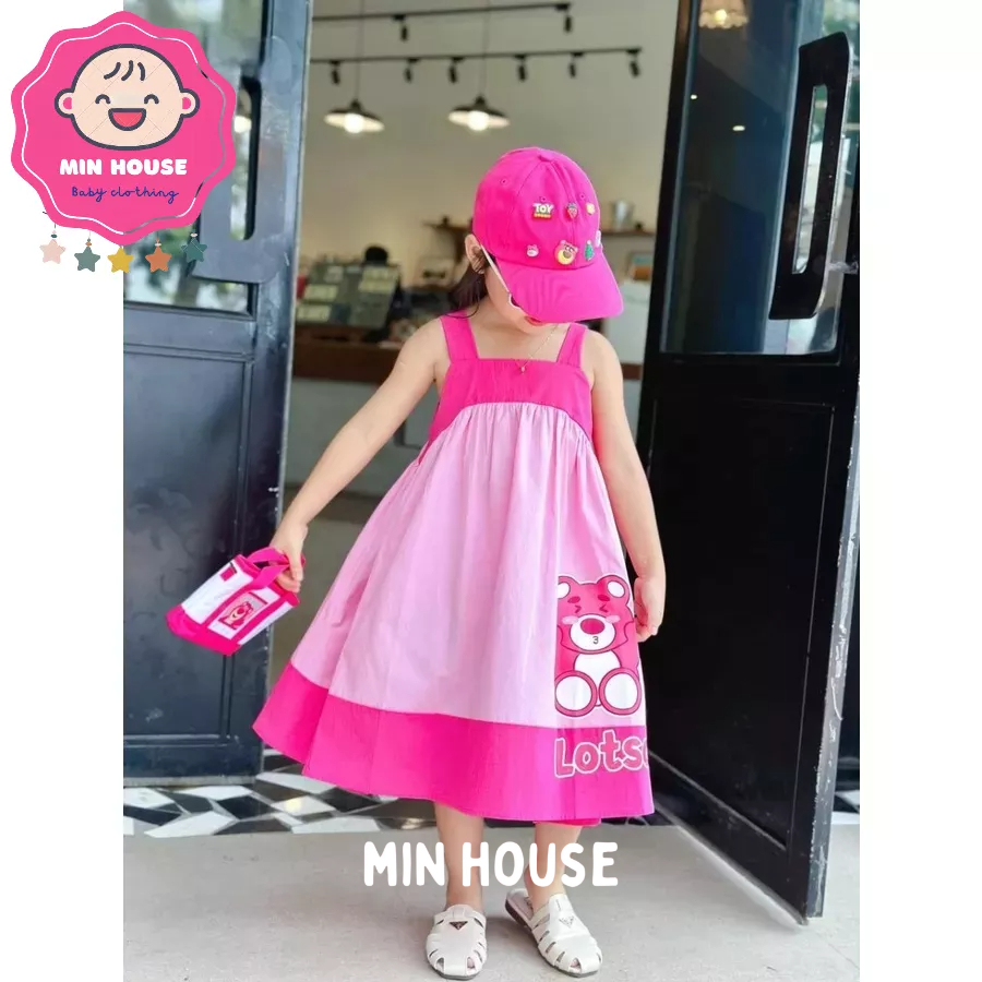 Váy thô 2 dây bản to in hình gấu dâu đáng yêu cho bé gái diện hè, đi biển, đi chơi