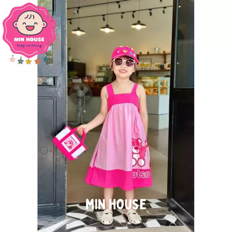 Váy thô 2 dây bản to in hình gấu dâu đáng yêu cho bé gái diện hè, đi biển, đi chơi