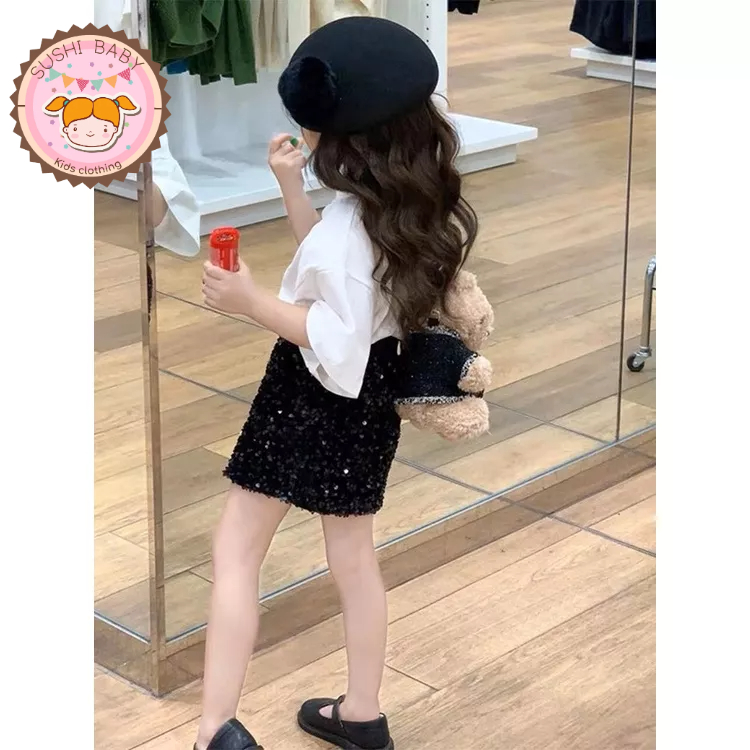 Set áo thun cotton form rộng phối chân váy kim sa sang chảnh cho bé gái diện hè, đi du lịch, đi chơi