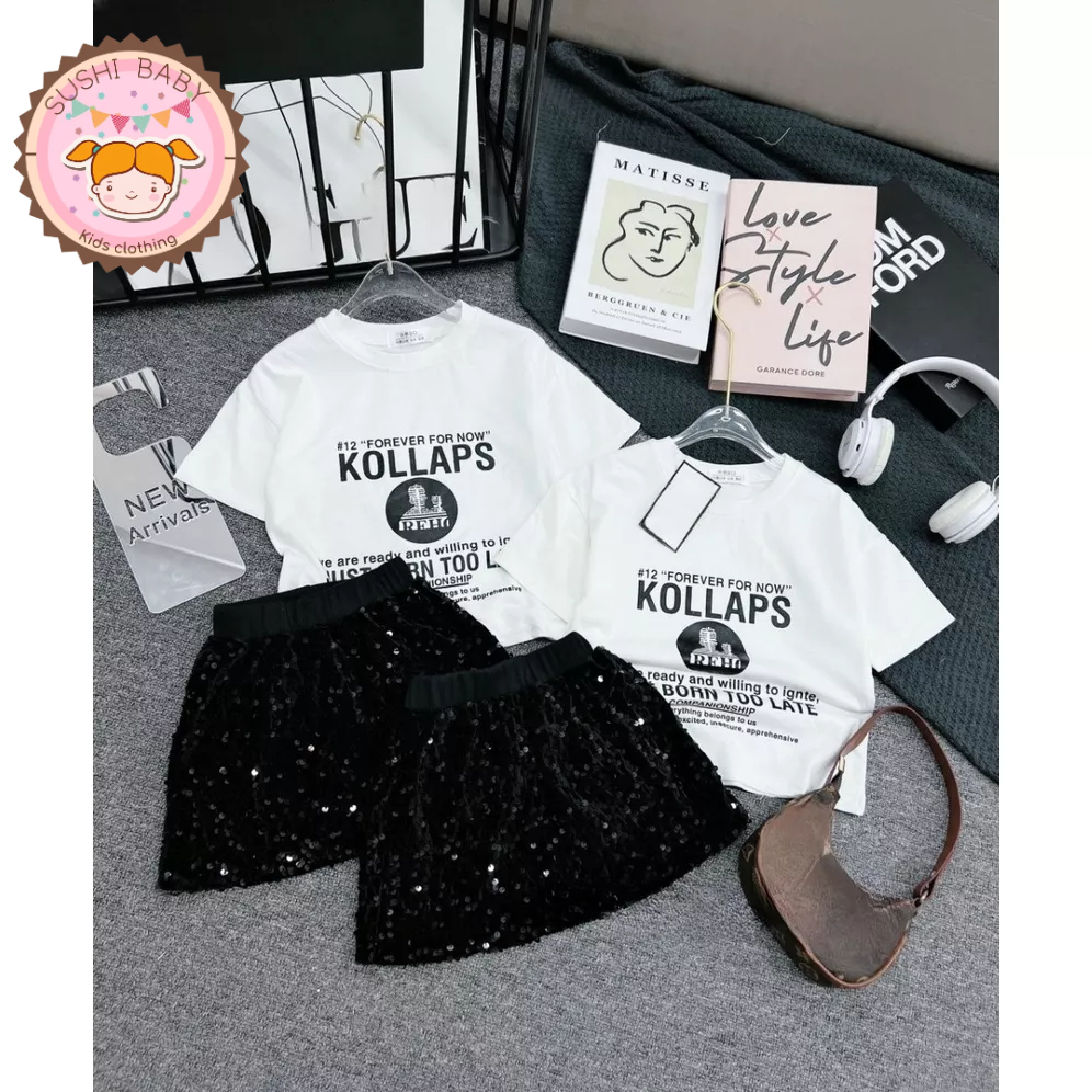 Set áo thun cotton form rộng phối chân váy kim sa sang chảnh cho bé gái diện hè, đi du lịch, đi chơi