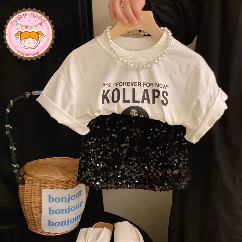 Set áo thun cotton form rộng phối chân váy kim sa sang chảnh cho bé gái diện hè, đi du lịch, đi chơi