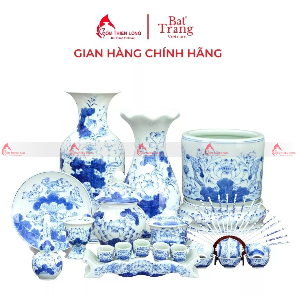 Bộ đồ thờ vẽ tay hoa sen hàng kỹ nghệ nhân đồ thờ men lam gốm sứ Bát Tràng chính hãng gốm Thiên Long 236998