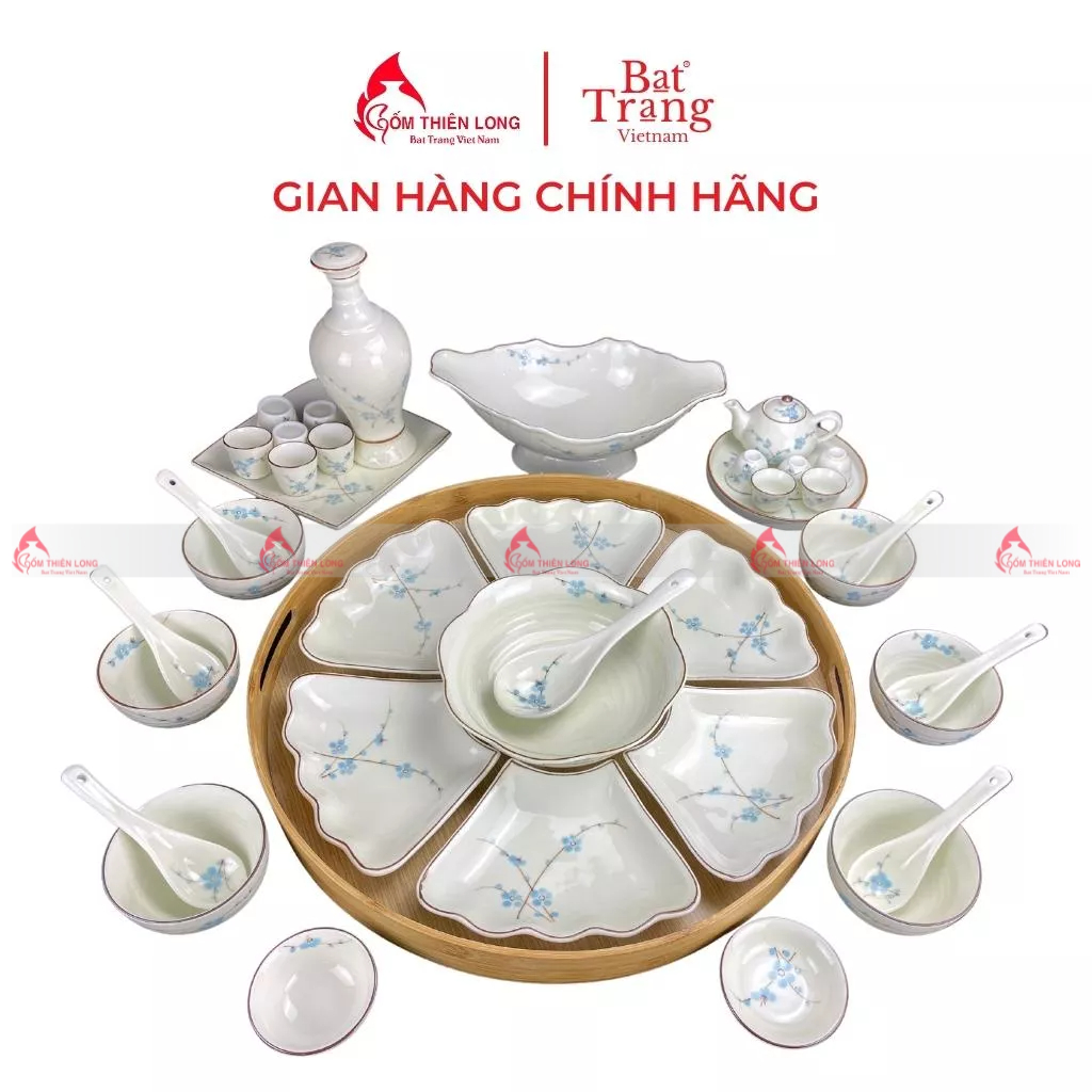 Bộ bát đĩa thắp hương hoa mặt trời men kem vẽ đào xanh gốm sứ Bát Tràng chính hãng Gốm Thiên Long 23