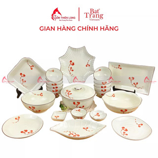 Bộ bát đĩa sứ vẽ đào đỏ gốm sứ Bát Tràng chính hãng Gốm Thiên Long BDAHD04