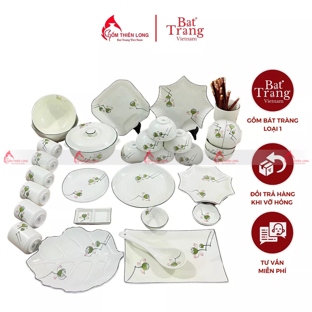 Bộ bát đĩa vẽ đài sen gốm sứ Bát Tràng chính hãng Gốm Thiên Long BDAHD05