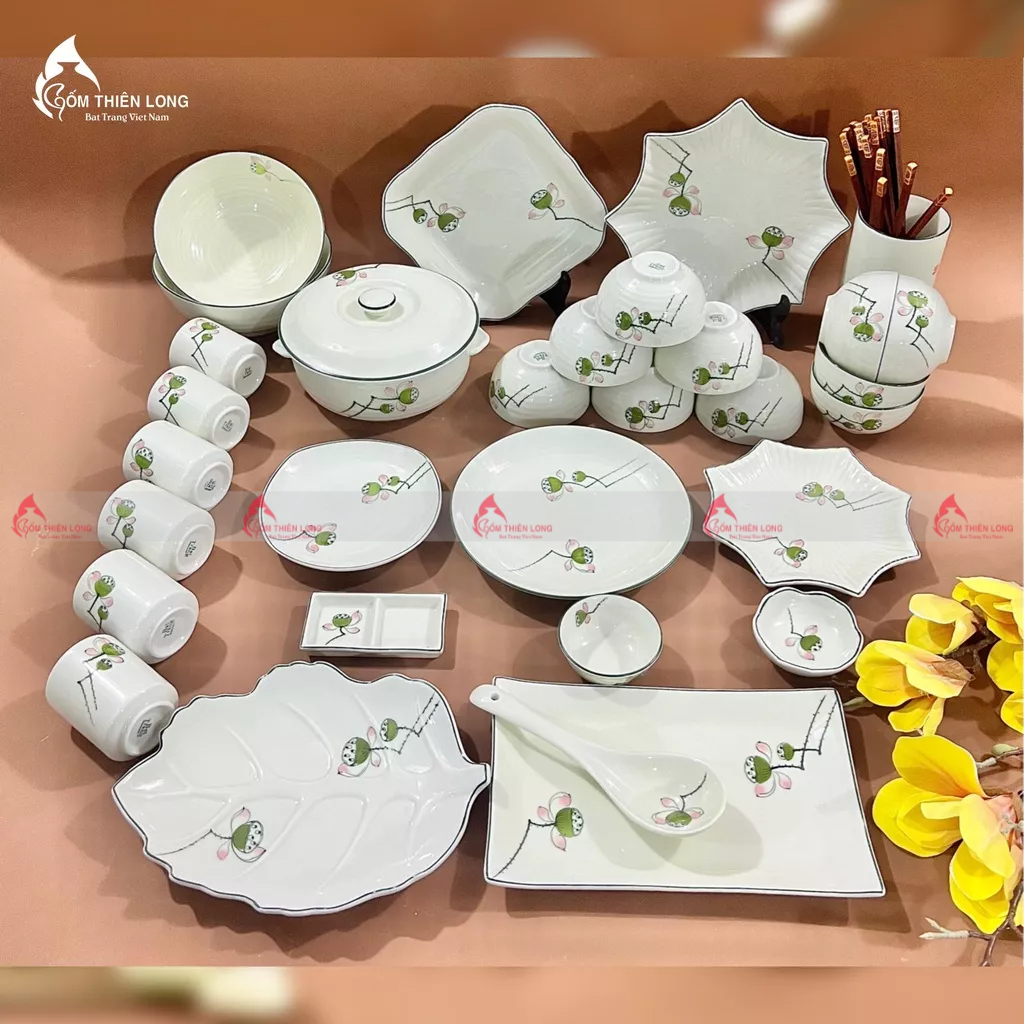 Bộ bát đĩa vẽ đài sen gốm sứ Bát Tràng chính hãng Gốm Thiên Long BDAHD05