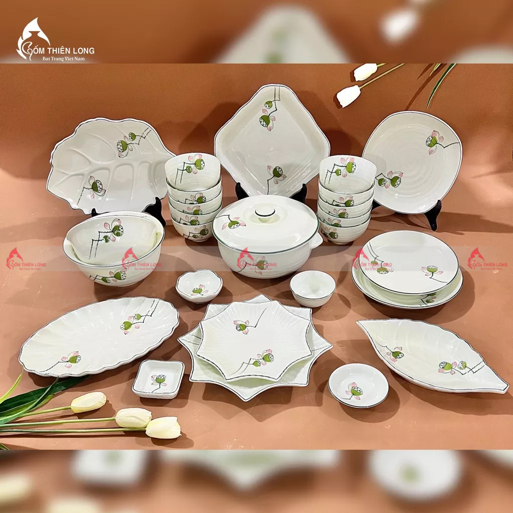 Bộ bát đĩa vẽ đài sen gốm sứ Bát Tràng chính hãng Gốm Thiên Long BDAHD05