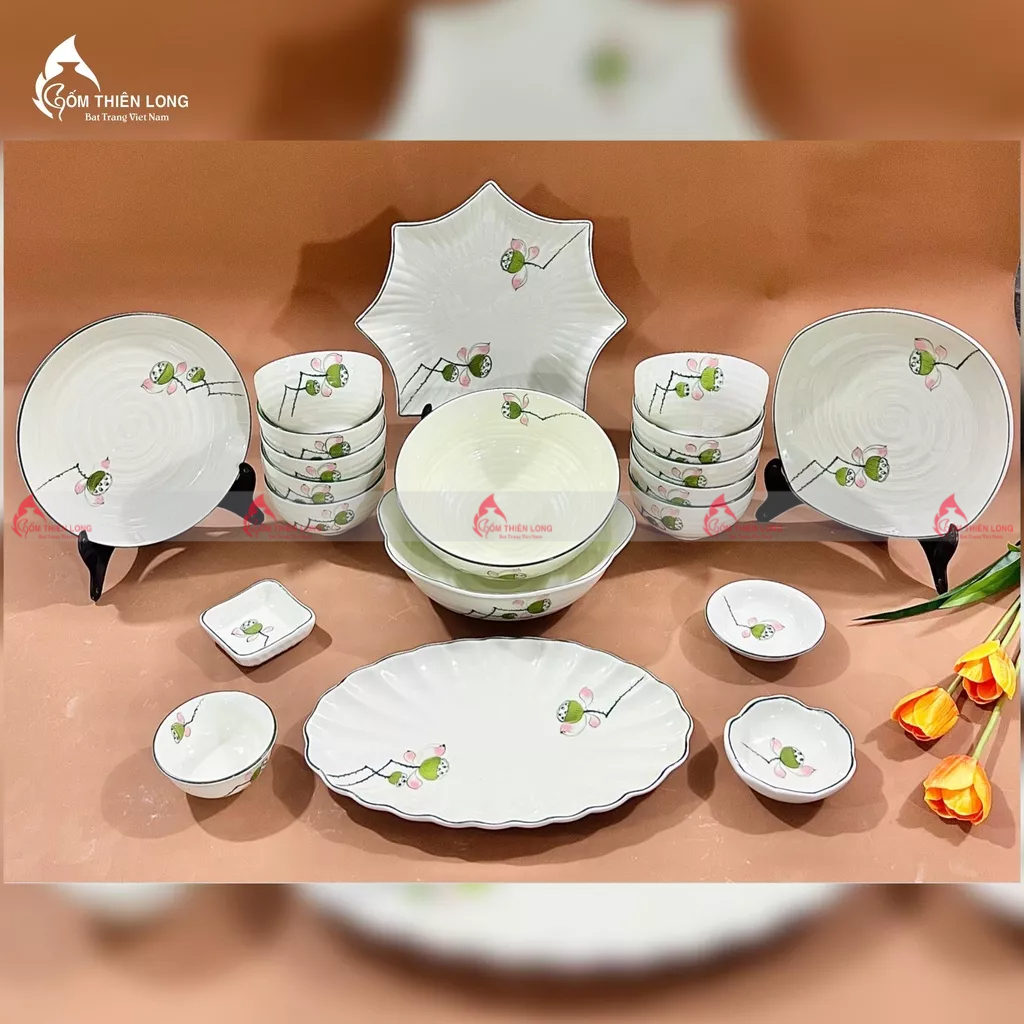 Bộ bát đĩa vẽ đài sen gốm sứ Bát Tràng chính hãng Gốm Thiên Long BDAHD05