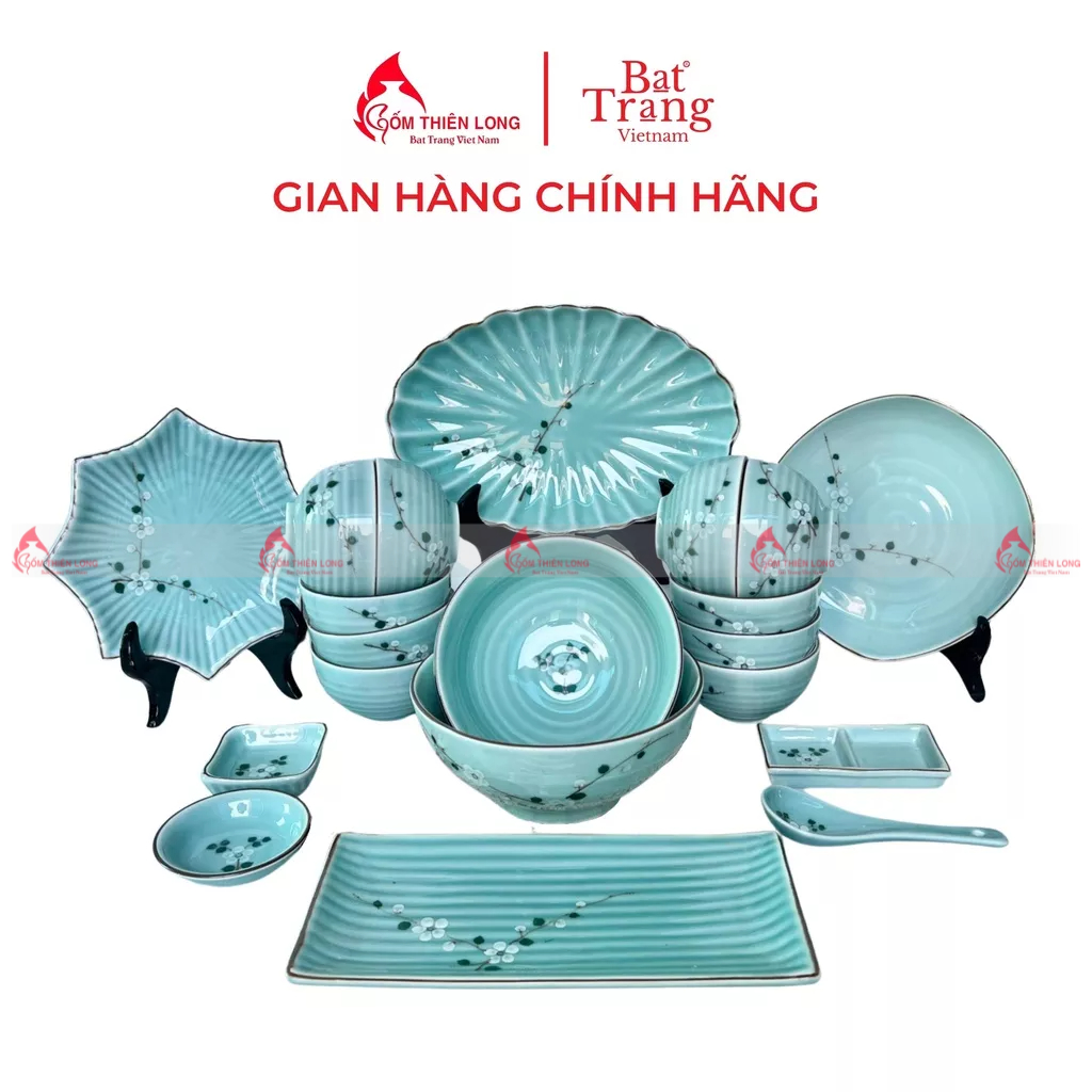 Bộ bát đĩa màu xanh ngọc vẽ đào trắng gốm sứ Bát Tràng chính hãng Gốm Thiên Long BDAHD01