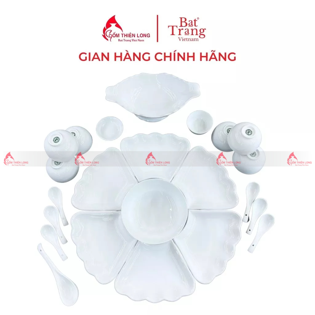 Bộ bát đĩa thắp hương men trắng trơn gốm sứ Bát Tràng chính hãng Gốm Thiên Long 236621