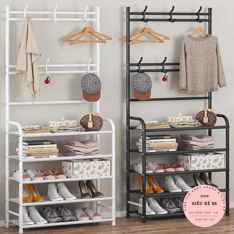 Kệ để giày dép chữ L , thiết kế 8 móc treo đồ đa năng lắp ghép 4 tầng , chất liệu thép chịu lực tốt 88405 Siêu Rẻ 88