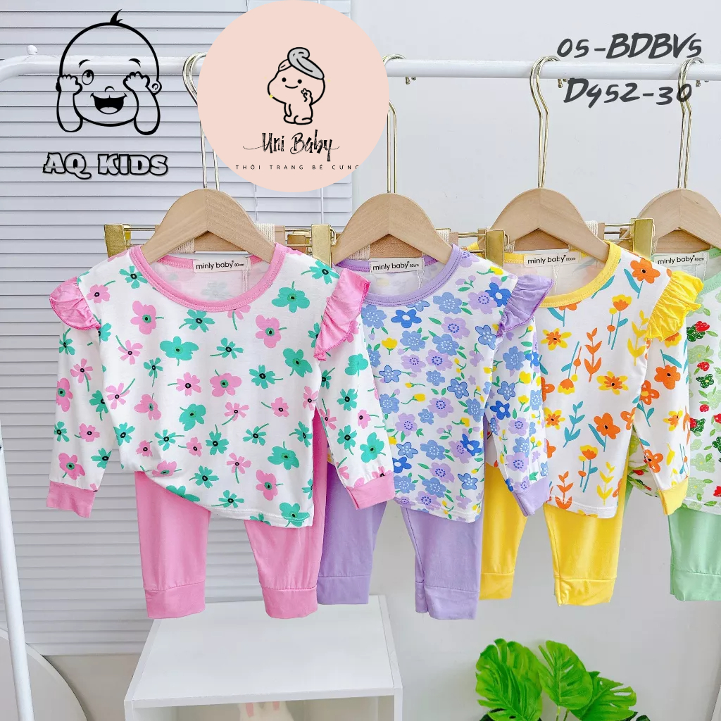 [BÉ 7-18kg] Bộ Thun Lạnh Dài Tay Size Đại Bé Gái Minlybaby chính hãng Thiết Kế Phối Bèo Vai Dễ Thương Uni baby - BDBV5