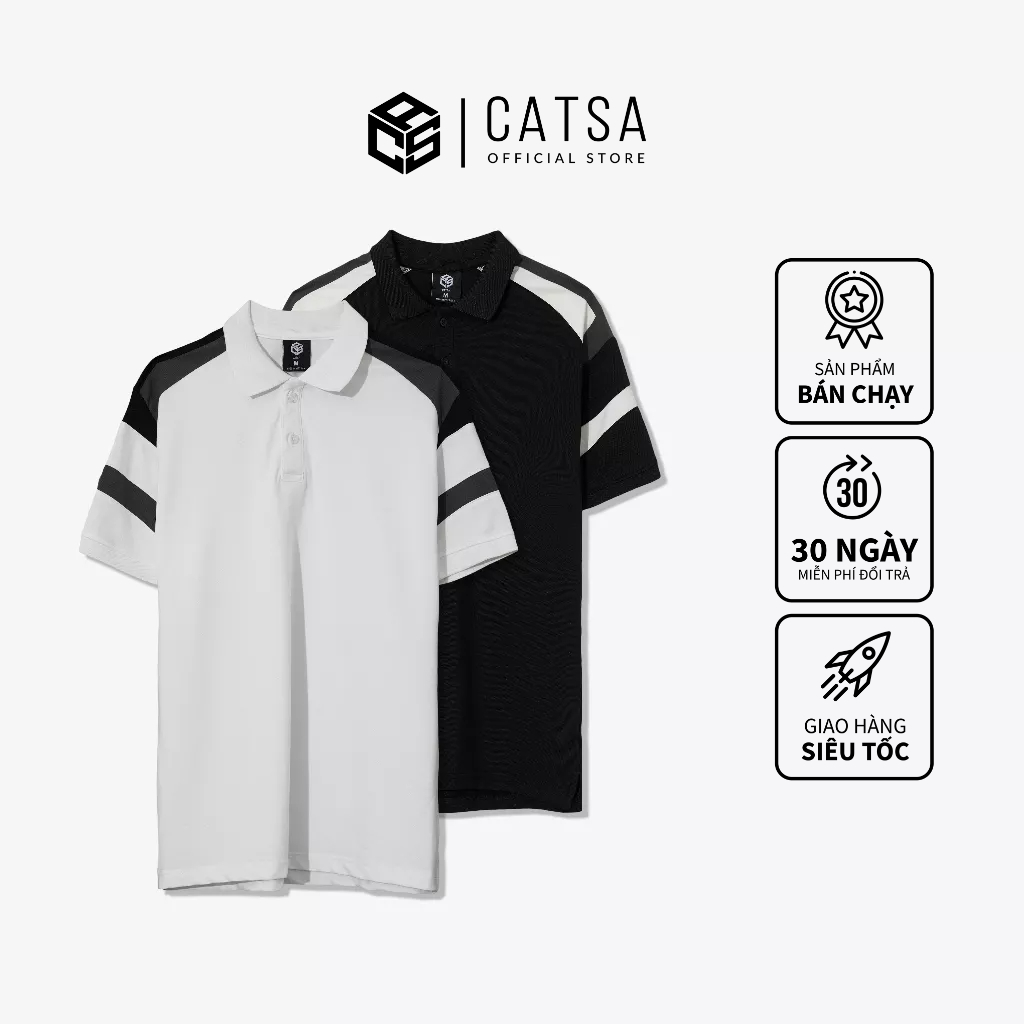 Áo polo nam trắng đen phối màu CATSA form classic fit chất thun cá sấu spandex co giãn bền màu ATP342-343