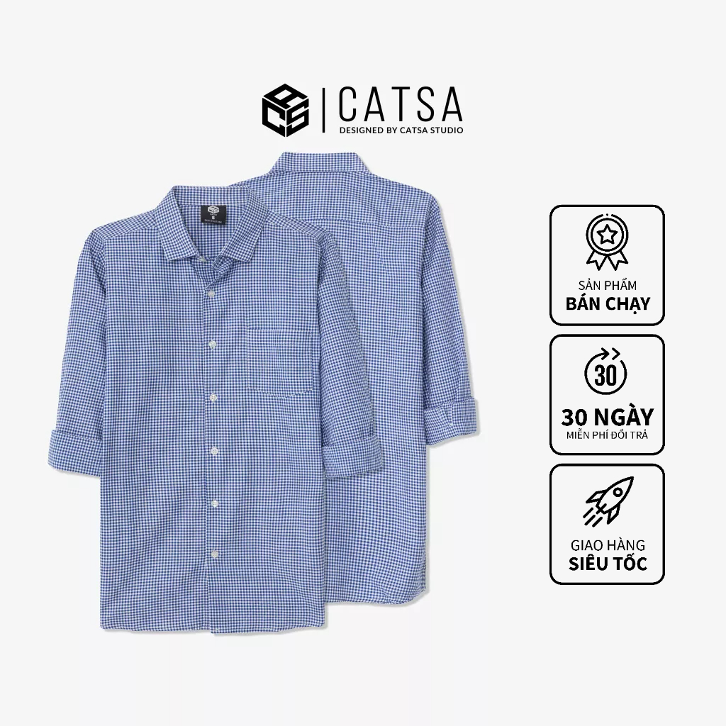 Áo sơ mi nam xanh dương caro, vải cotton thoáng mát, thấm hút mồ hôi tốt CATSA ASD027